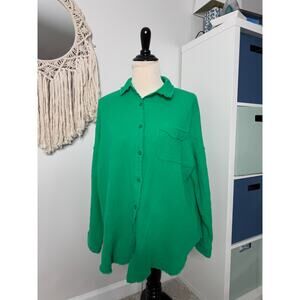 Pink Lily Womens Kelly Green 100% Cotton Oversized Button Up Shirt Top S Holiday